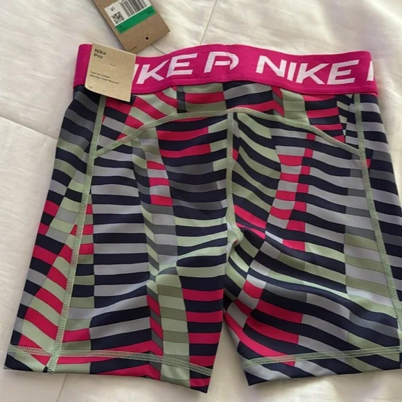Nike Kids Pro Striped Shorts - Pink, Green, Gray size XL GIRLS - Picture 3 of 5